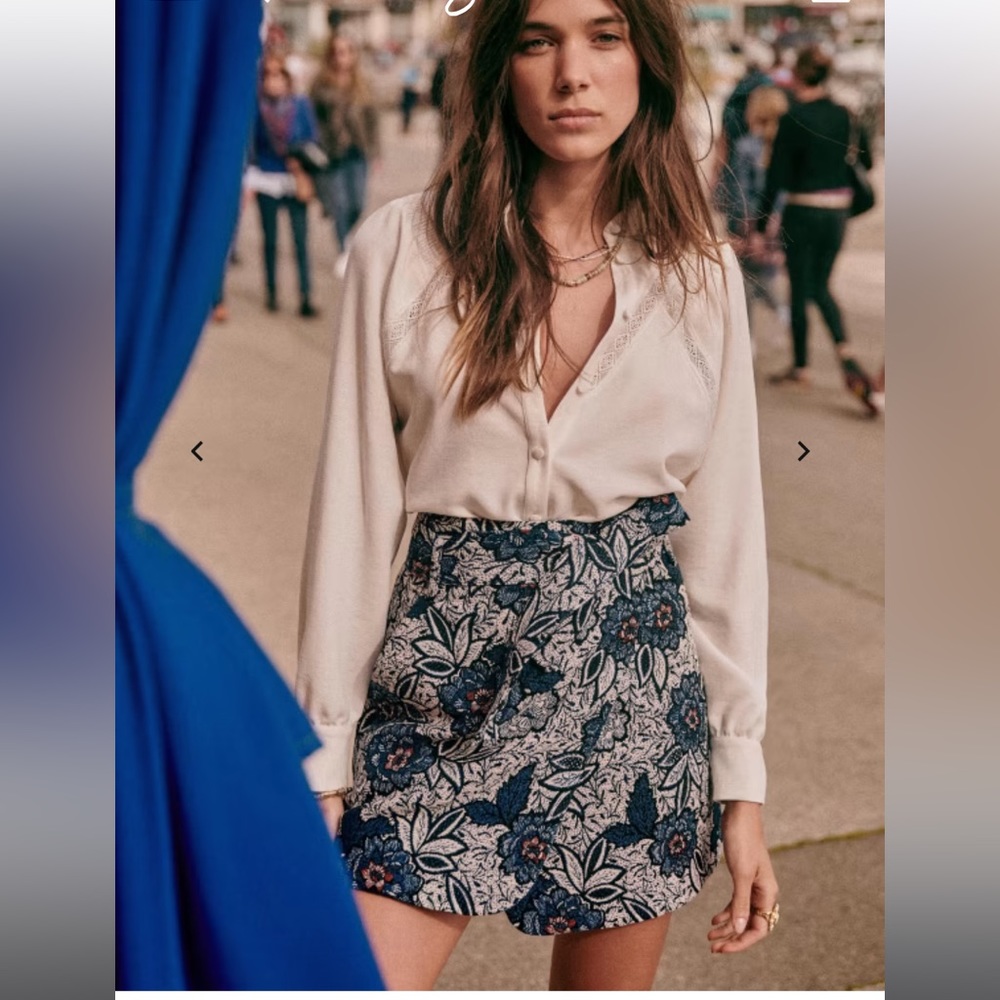 Sezane Blue and Cream Floral Ruffle Mini Skirt